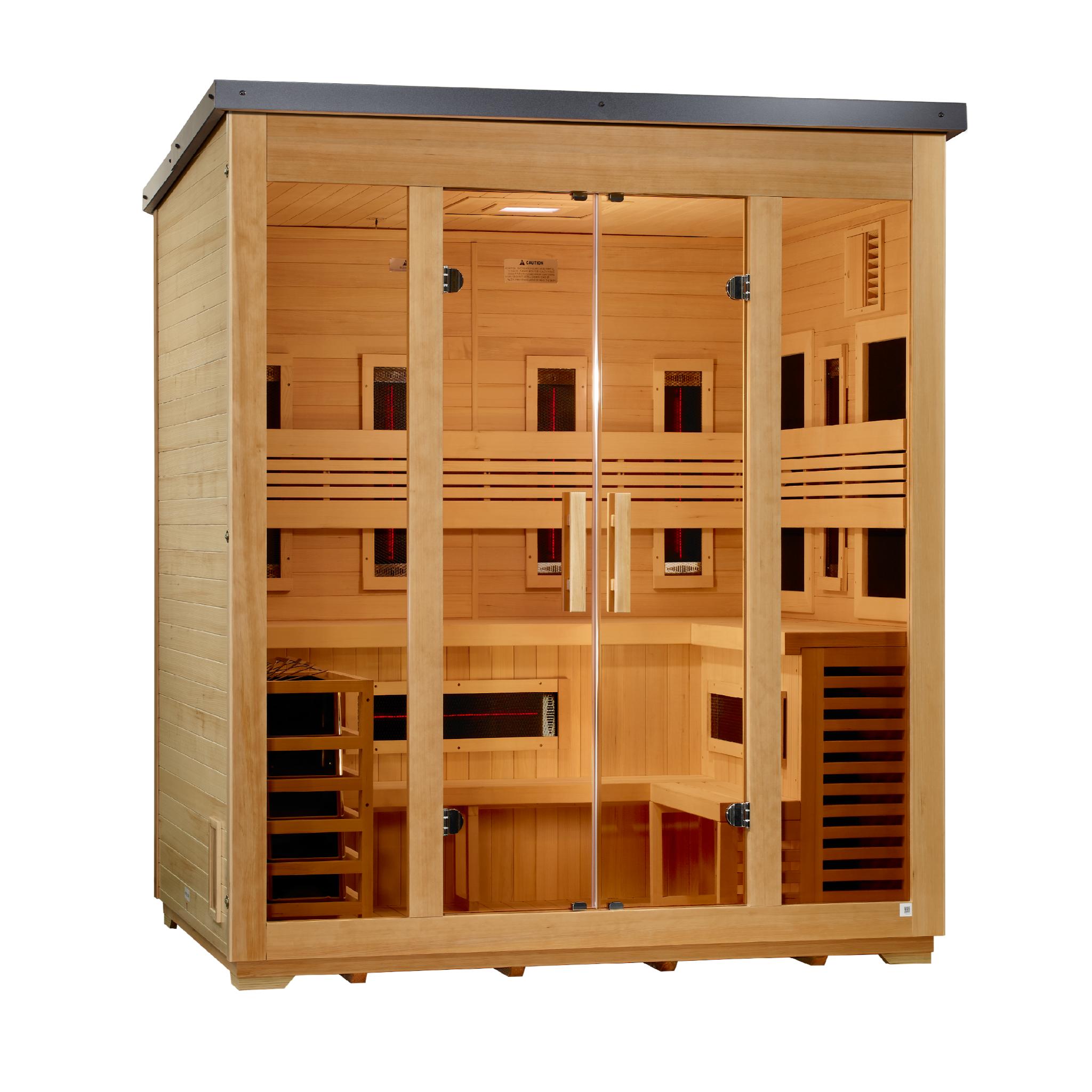 Golden Designs Gargellen | Flat Roof Hybrid Outdoor Sauna | 5-Person